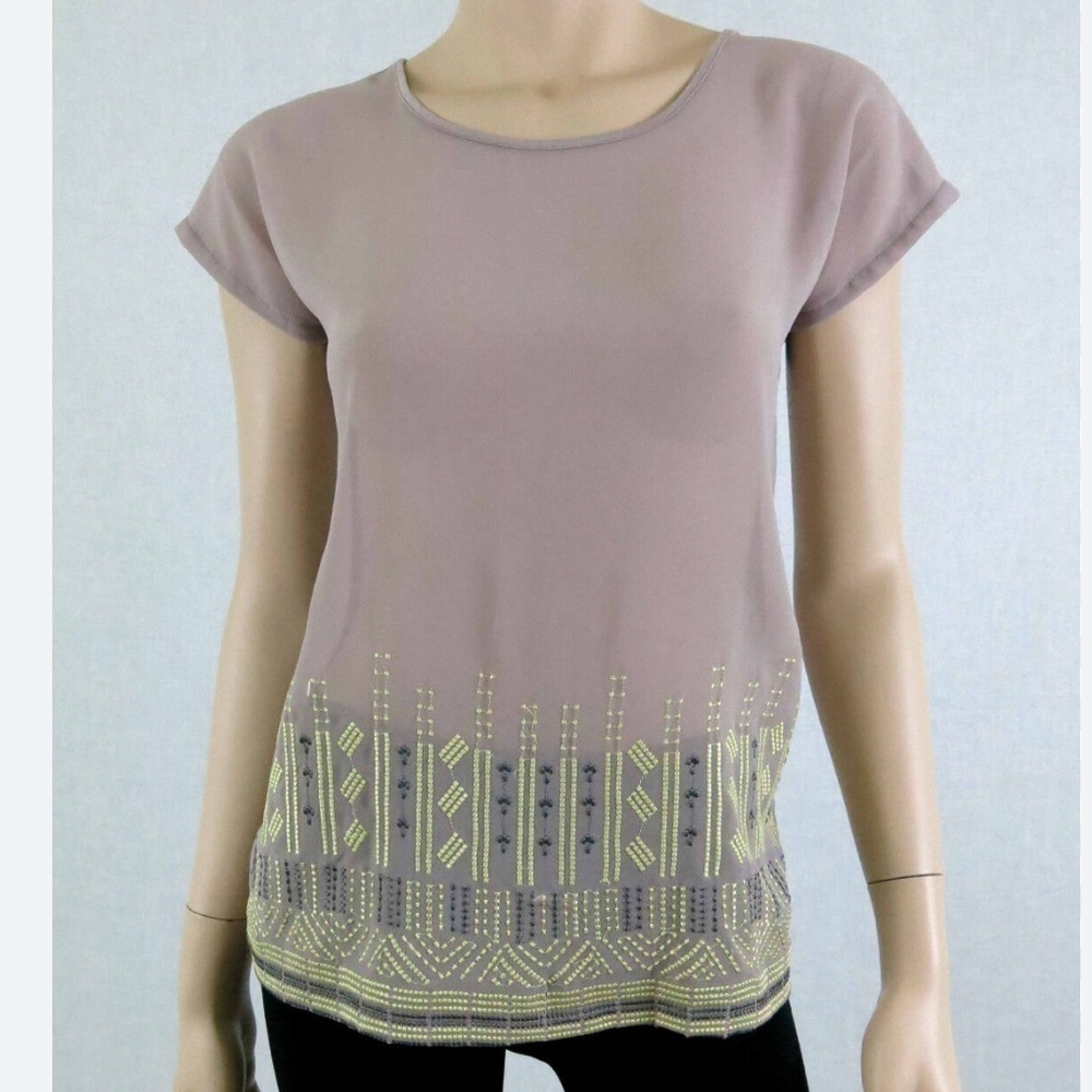 The Limited Jersey Shirt Short Sleeves Taupe Geometric Embroidery Small Silky
